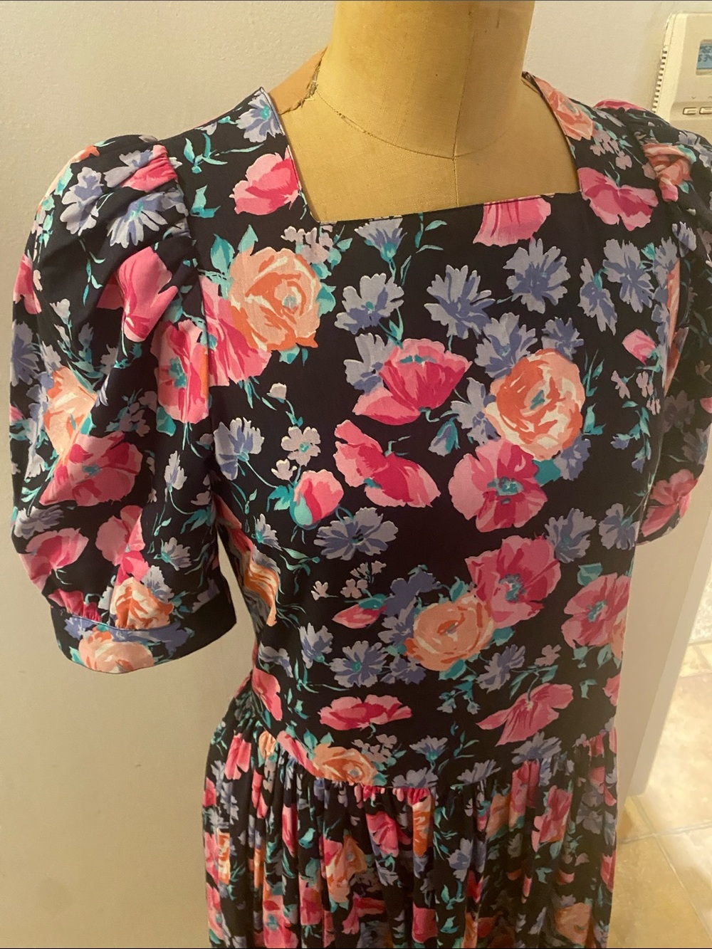 Laura Ashley vintage puff-Sleeve Midi Dress - Black with Pink & Peach Blossoms - Picture 2 of 6